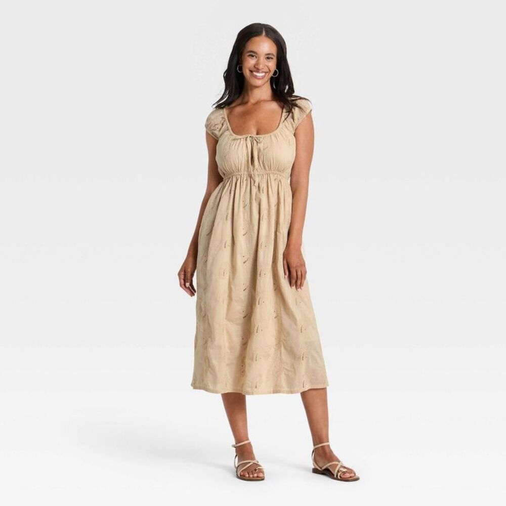 Women's Cap Sleeve Eyelet Midi Sundress - Universal Thread Tan M